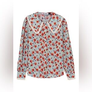 Rixo Small Misha Floral Print Cotton Blouse Blue Multicolor Peter Pan Collar‎